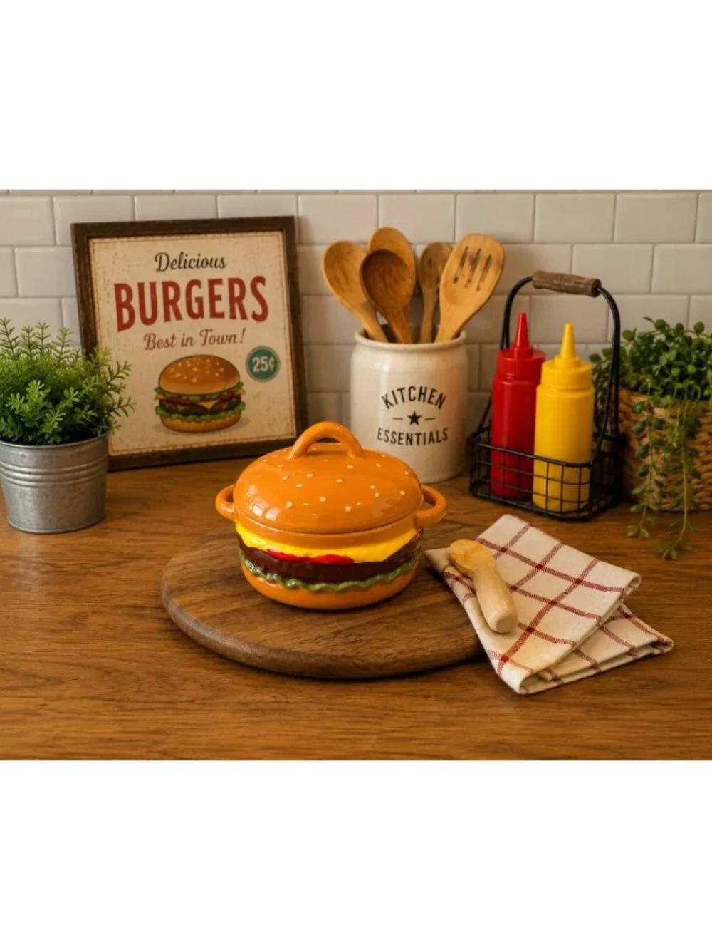 New Brown Ceramic Cheeseburger Mini Baker W/ Spreader Party BBQ Kitchen